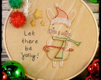 Christmas Santa bunny embroidery Pattern - PDF jolly stitchery primitive retro pom pom hoop art candy cane
