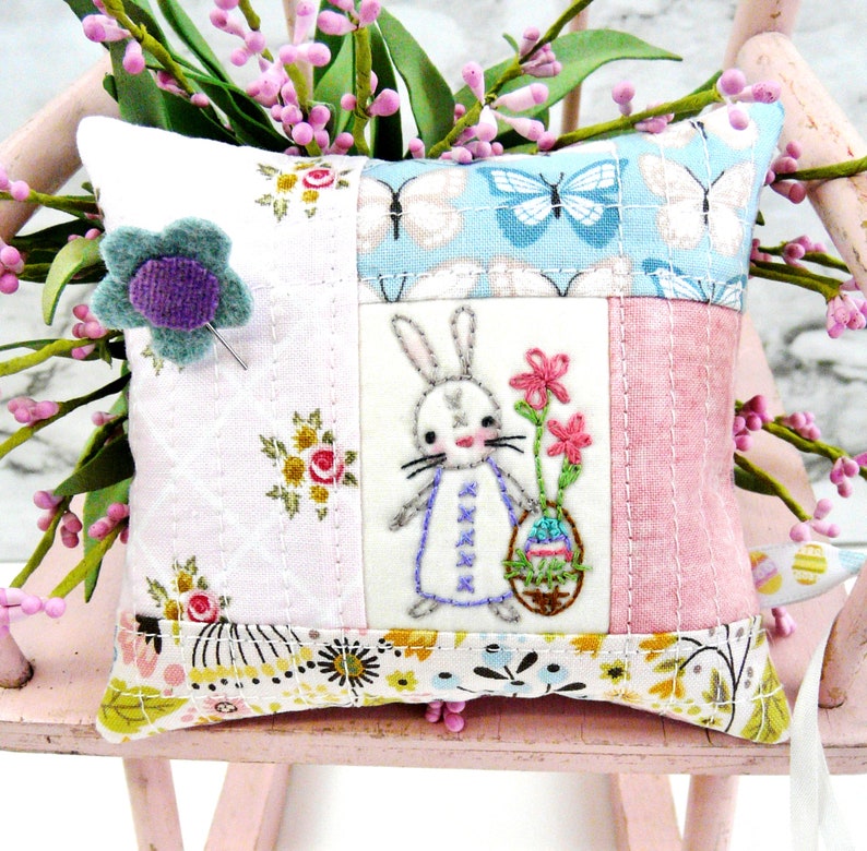 Spring time Pinnies pattern PDF embroidery Quilted pincushion Easter 4 designs fabric scissors fob bunny rabbit image 10