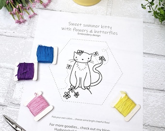 Butterfly and kitty cat Stitchery PDF Pattern - embroidery sheet easy simple flowers hexagon