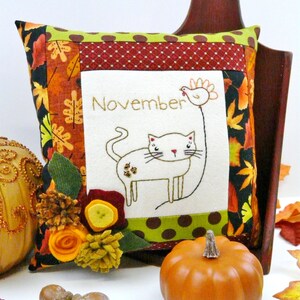 November Kitty Cat embroidery pillow Pattern PDF stitchery wool felt flowers month balloon thanksgiving turkey image 4