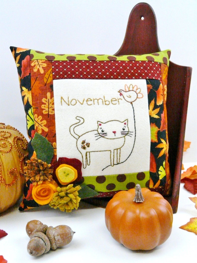 November Kitty Cat embroidery pillow Pattern PDF stitchery wool felt flowers month balloon thanksgiving turkey image 4