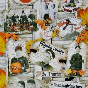 Thanksgiving Pilgrim Turkey Tags PDF  - Collage art Sheets old photos pumpkin labels pumpkin indian fall