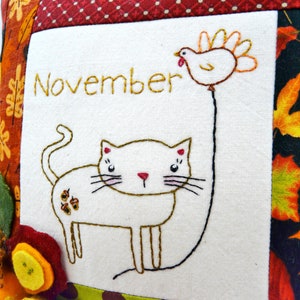 November Kitty Cat embroidery pillow Pattern PDF stitchery wool felt flowers month balloon thanksgiving turkey image 2