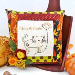 November Kitty Cat embroidery pillow Pattern PDF stitchery wool felt flowers month balloon thanksgiving turkey image 1