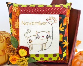 November Kitty Cat embroidery pillow Pattern PDF - stitchery wool felt flowers month balloon thanksgiving turkey