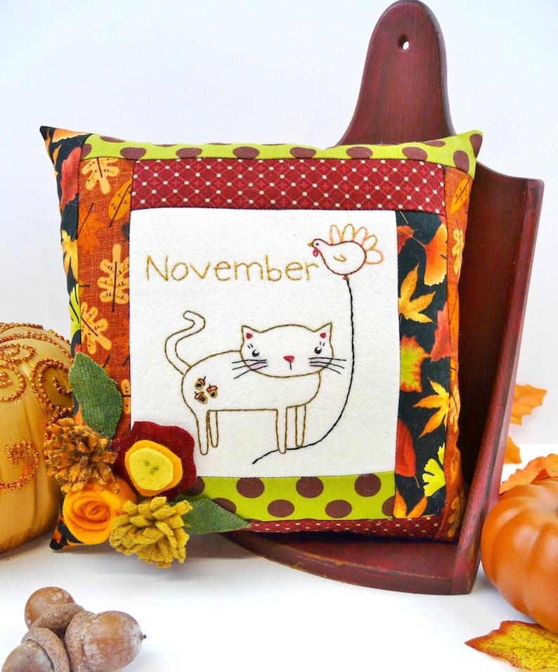 November Kitty Cat embroidery pillow Pattern PDF stitchery wool felt flowers month balloon thanksgiving turkey image 1