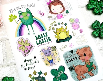 Happy St. Patrick's day collage art sheet - 2 sheets painting Frog  journaling dog shamrock stickers green girl lucky mouser