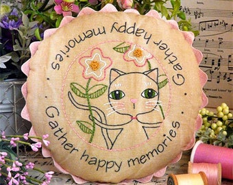 Gather happy memories cat embroidery Pattern PDF - stitchery kitty table mat pillow bed flowers