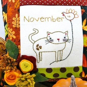 November Kitty Cat embroidery pillow Pattern PDF stitchery wool felt flowers month balloon thanksgiving turkey image 8