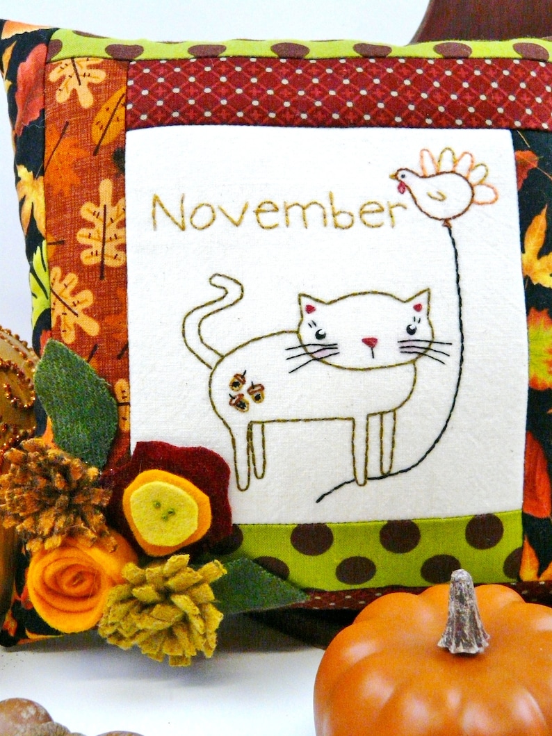 November Kitty Cat embroidery pillow Pattern PDF stitchery wool felt flowers month balloon thanksgiving turkey image 8