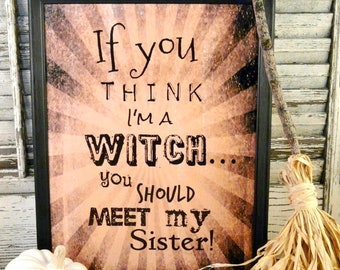 Halloween Witch Sister sign digital pdf -  beige stripes black uprint words vintage style paper old