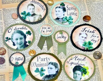 Shamrock ST. Patricks Day PINS Badges Collage Sheet -  pattern PDF lucky irish vintage altered digital uprint primitive art paper old