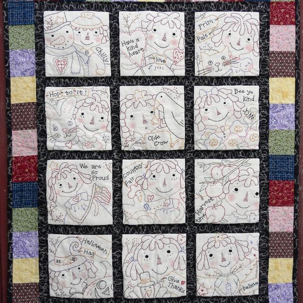 Raggedy Ann embroidery quilt Pattern PDF - 12 months seasonal primitive