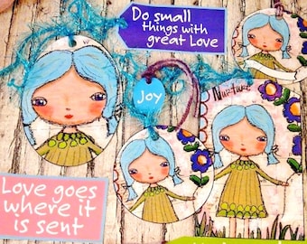 Nurture hope blue girl tags PDF collage art sheet - purple pink acrylic painting love scrapbooking