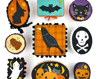 Prim Halloween Wool treat box pattern PDF - 9 designs pumpkin witch ornaments pin primitive folk art