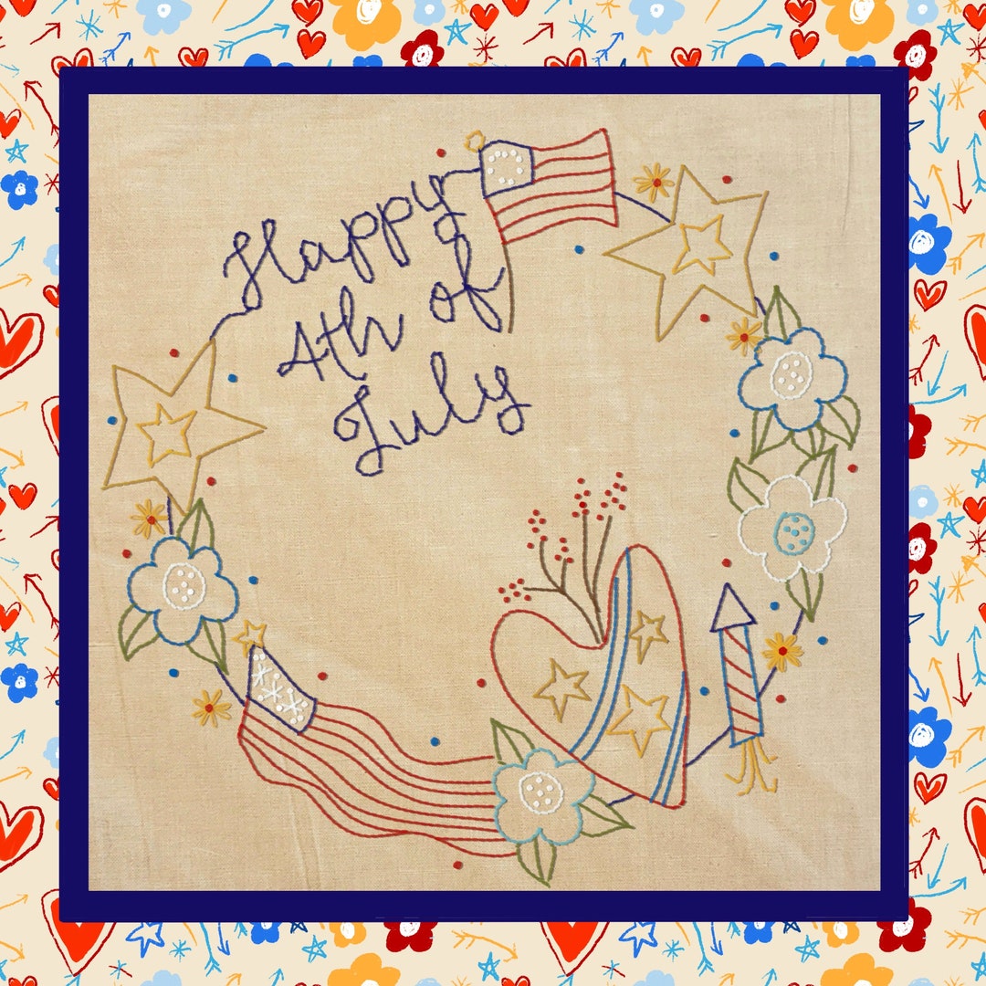 Happy 4th of July Wreath American Embroidery Pattern - PDF Primitive ...