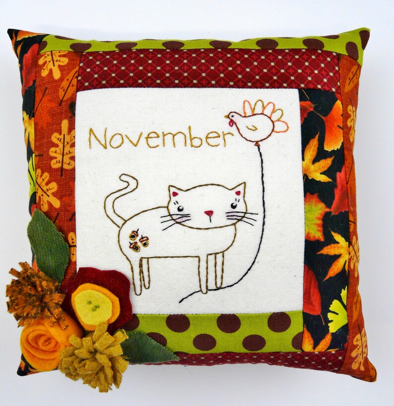 November Kitty Cat embroidery pillow Pattern PDF stitchery wool felt flowers month balloon thanksgiving turkey image 6