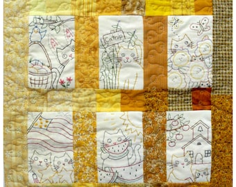 12 Monate Kitty Katze Quilt PDF Stickmuster - Stickmuster Saisonal primitiv Wandbehang