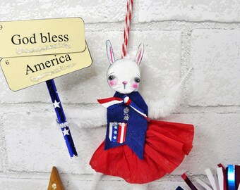 God bless America Bunny chenille doll ornament -  sign vintage like handmade patriotic big eyes