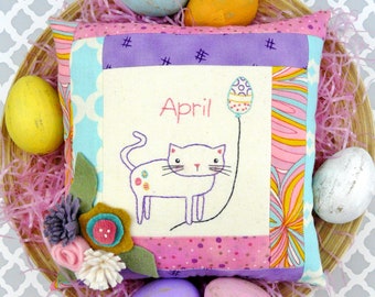 April Kitty Cat embroidery pillow Pattern PDF - Easter wool felt flowers month balloon egg