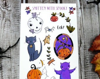 Smitten with spooky HALLOWEEN sticker SET - art artwork 2 sheets- skull cat bat pumpkins ghost planner journal