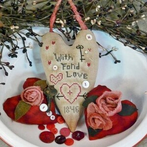 Valentine With Fond love PDF Pattern cross stitch - primitive old stitchery Roses embroidery Ornies vintage bowl Cross-Stitch filler