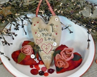 Valentine With Fond love PDF Pattern cross stitch - primitive old stitchery Roses embroidery Ornies vintage bowl Cross-Stitch filler