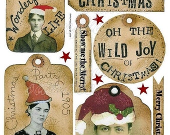 Old time CHRISTMAS Tags Collage art Sheet PDF -  old photos party label banner email digital santa