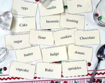 Baking Cooking Kitchen FLASH CARDS - PDF vintage like 16 altered Bake Cook eggs cupcake chocolate scrapbooking  uprint primitive old