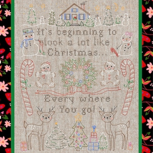 Weihnachtstag Sampler, PDF Stickmuster - faux Kreuzstich Design Lebkuchenmann Schneemann Hirsch Zuckerstange Kranz