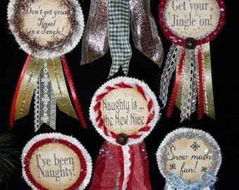 CHRISTMAS BADGES E PATTERN-  email Pins Pdf doll santa jewelry ribbon bell primitive old