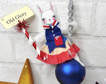 Patriotic bunny chenille doll ornament -  blue wrecking ball handmade