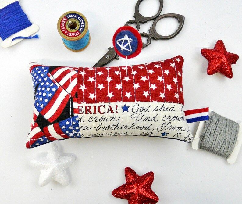 Patriotic Americana Pinnies pattern PDF embroidery Quilted pincushion 4 designs fabric scissors fob pin keep 4th of july image 6