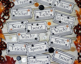 Large 16 HALLOWEEN TICKETS Digital collage Sheet PDF - tags label new Spooky  Jack o lantern trick or treat  primitive witch paper