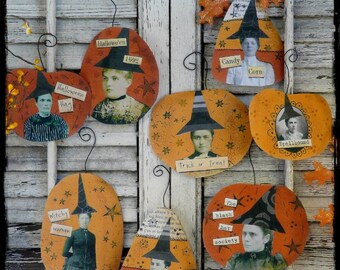Halloween Witch ornaments PDF 2 collage sheets - ornies tags vintage digital pattern