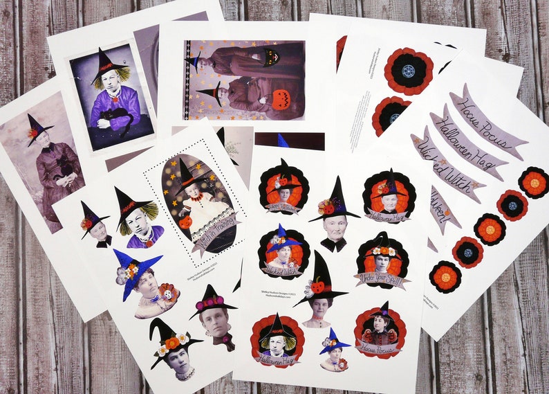 Una collezione Witchy Vintage Halloween Fogli di collage PDF ornamenti tutorial modello bomboniera per streghe immagine 10