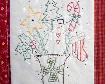 Christmas Bouquet embroidery Pattern PDF - primitive hand snowman holly stocking tree star