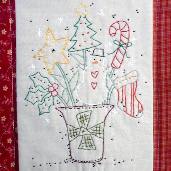 Christmas Bouquet embroidery Pattern PDF - primitive hand snowman holly stocking tree star