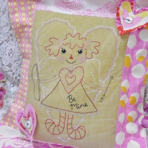 Retro Cupid embroidery Valentine PDF Pattern - stitchery Raggedy Ann doll Be Mine primitive heart decor posies embroidery