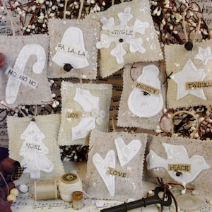 French Country burlap Christmas ornaments PDF Pattern - prim ornie tweed wool felt fabric scraps shabby chic primitive