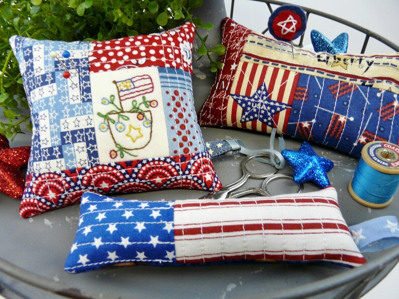 Patriotic Americana Pinnies pattern PDF embroidery Quilted pincushion 4 designs fabric scissors fob pin keep 4th of july image 7
