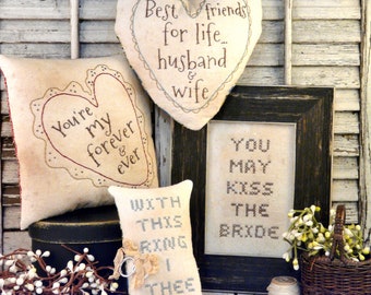 Primitive Country Wedding embroidery Pattern PDF - sew stitchery 4 projects anniversary love pillow bride groom