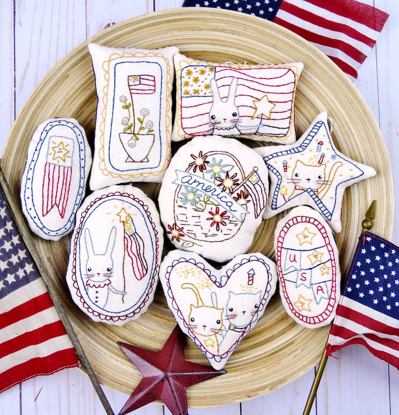 Patriotic spirit Ornaments embroidery Pattern PDF stitchery independence day primitive ornies bowl fillers hudsons holidays image 1