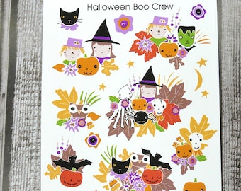 HALLOWEEN BOO crew sticker SET - art artwork 2 sheets- Witch skull cat bat pumpkins ghost planner journal