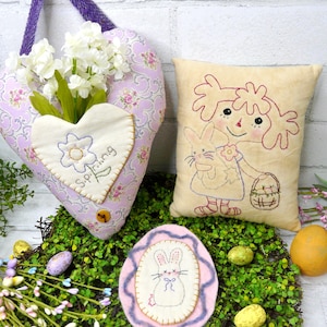 Easter raggedy ann embroidery bunny Pattern PDF - doll stitchery spring pillow tuck heart felt wool pin cushion spring decor primitive