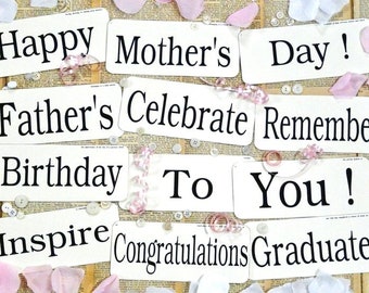 12 Large Birthday Mothers Day Flash Cards PDF - inspire celebrate mom dad graduate banner vintage like antique signs words