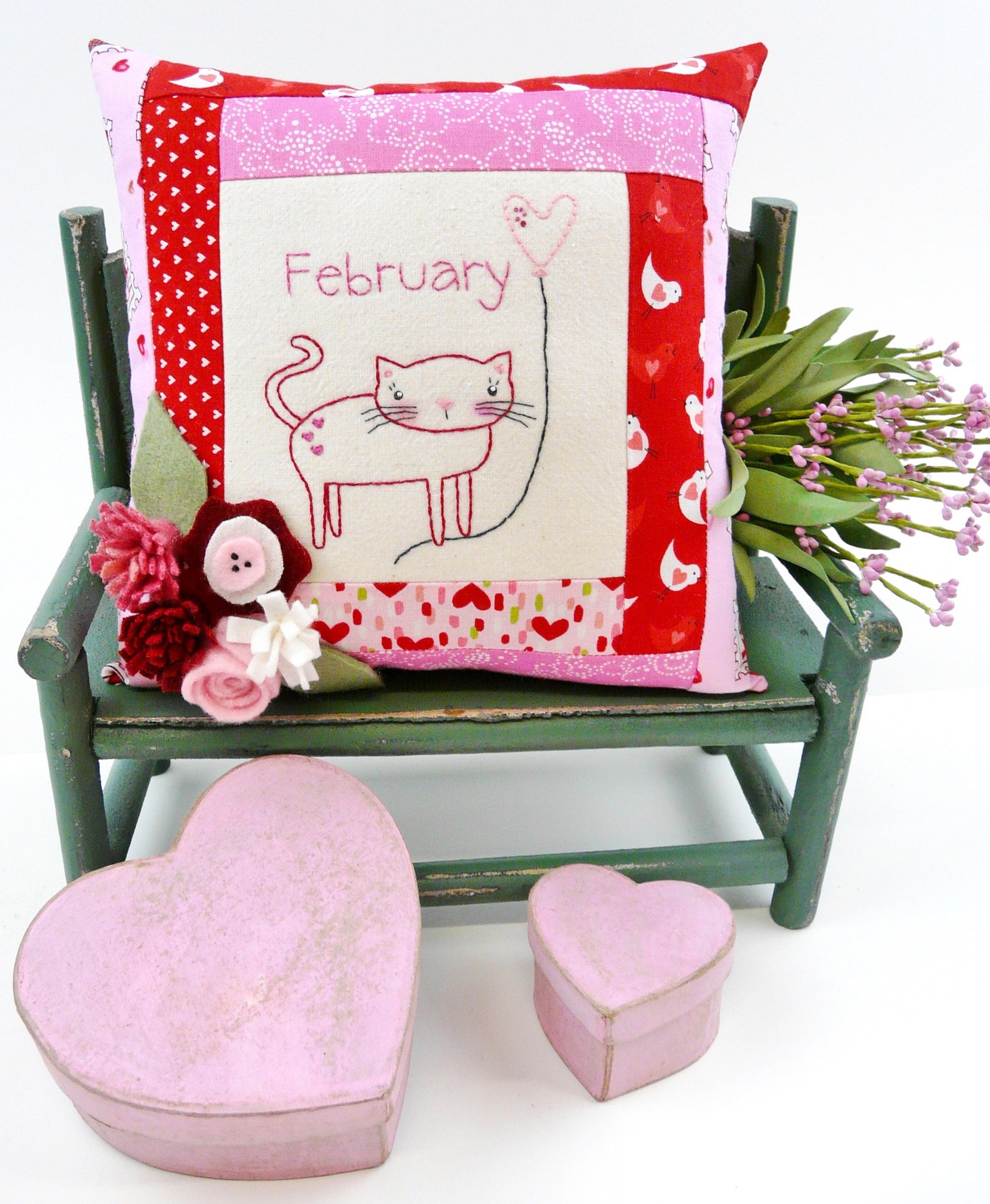 February Kitty Cat Embroidery Pillow Pattern PDF - Stitchery Wool Felt ...