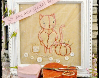 Kitty cat Sew embroidery PDF Pattern - stitchery pincushion tomato banner vintage like heart primitive