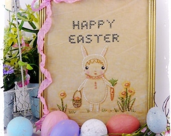 Easter  bunny embroidery PDF Pattern - cute girl stitchery primitive frame egg hunt cross stitch daffodil