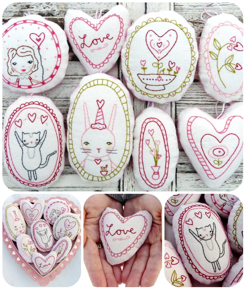 Sweetest LOVE Ornaments embroidery Pattern PDF Shabby chic stitchery valentine heart primitive ornies bowl fillers image 2